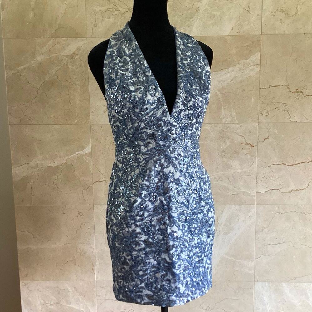 Tadashi Shoji Lara Sequin Lace Mini Dress - 0 Something Blue, Backless, Bridal